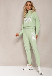 Jasnozielony Komplet z Napisem Bluza Krótka i Spodnie ze Ściągaczami Nimilia. Zielone bluzy Renee, l, bez wzorów, bez ramiączek, bez kaptura. W wyprzedaży za 63.99 zł.