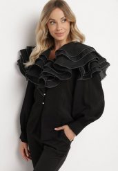 Czarna Elegancka Koszula Ozdobiona Falbanami i Guzikami Leristta. Czarne koszule Born2be, m, bez wzorów, z jeansu, eleganckie, bez kołnierzyka, bez ramiączek. W wyprzedaży za 135.99 zł.