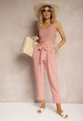 Ciemnoróżowe Spodnie High Waist Wiązane w Pasie Wykończone Gumką w Talii Dimixi. Czerwone jeansy Renee, l, bez wzorów, z jeansu, z podwyższonym stanem. W wyprzedaży za 29.99 zł.
