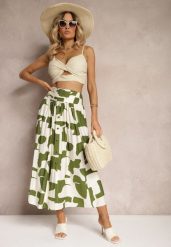 Zielono-Beżowa Rozkloszowana Spódnica High Waist z Gumką w Talii i Guzikami Tinasshi. Zielone spódnice Renee, m, bez wzorów, z materiału, maxi, rozkloszowane. W wyprzedaży za 56.99 zł.