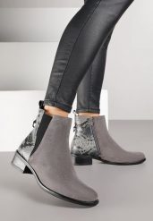 Szare Botki w Stylu Sztybletów z Metaliczną Aplikacją Verinette. Szare botki Renee, z aplikacjami, z jeansu, eleganckie, bez obcasa, na płaskiej podeszwie, bez zapięcia. Za 189.99 zł.
