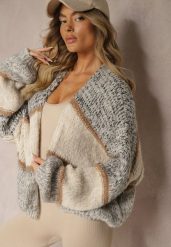 Beżowy Kardigan Niezapinany z Wełną Ozdobiony Paskami Irinaa. Brązowe swetry Renee, z aplikacjami, z wełny, bez ramiączek. W wyprzedaży za 135.99 zł.