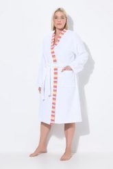 Damskie szlafrok z dzianiny dresowej brzegi w paski wiązany pasek długi rękaw. Białe szlafroki damskie Ulla Popken, plus size, bez wzorów, z bawełny, bez ramiączek, długie. Za 223.99 zł.