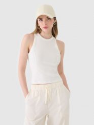 4F Top slim z prążkowanej dzianiny damski - biały S. Białe topy 4f, s, bez wzorów, z bawełny, klasyczne, bez kołnierzyka, bez ramiączek. Za 59.99 zł.