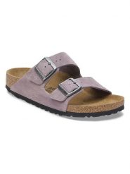Birkenstock Skórzane klapki "Arizona" w kolorze fioletowym rozmiar: 40. Różowe klapki Birkenstock, bez wzorów, ze skóry, klasyczne, z otwartym noskiem, bez obcasa, bez zapięcia. Za 419.24 zł.