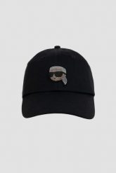 KARL LAGERFELD Czarna damska czapka z daszkiem Ikon Rhinestones. Czarne czapki z daszkiem KARL LAGERFELD, z aplikacjami, z bawełny, klasyczne. W wyprzedaży za 229.99 zł.