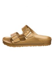 Birkenstock Klapki "Arizona" w kolorze złotym rozmiar: 38. Żółte klapki Birkenstock, bez wzorów, klasyczne, z otwartym noskiem, bez obcasa, bez zapięcia. Za 261.95 zł.