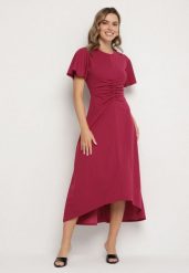 Bordowa Rozkloszowana Sukienka Ozdobiona Marszczeniem Odallica. Czerwone sukienki Born2be, m, bez wzorów, eleganckie, bez kołnierzyka, bez ramiączek, maxi, rozkloszowane. W wyprzedaży za 63.74 zł.