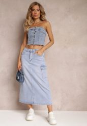 Jasnoniebieska Spódnica Jeansowa Midi Typu Cargo z Kieszeniami Dyleta. Niebieskie spódnice Renee, s, bez wzorów, z jeansu, maxi, trapezowe. W wyprzedaży za 67.99 zł.