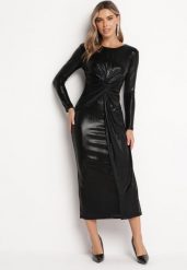 Czarna Połyskująca Sukienka Maxi z Ozdobnym Węzłem Fabriana. Czarne sukienki Born2be, bez wzorów, z tkaniny, eleganckie, bez kołnierzyka, bez ramiączek, maxi, dopasowane. W wyprzedaży za 93.49 zł.