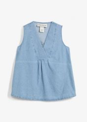Top dżinsowy. Niebieskie topy bonprix, bez wzorów, bez kołnierzyka, bez ramiączek. Za 37.99 zł.