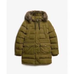 Kurtka puchowa o średniej długości z sztucznego futra damska Superdry. Zielone kurtki Superdry, bez wzorów, z puchu, bez kaptura. W wyprzedaży za 754.90 zł.
