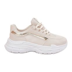 Sneakersy Buty Sportowe Damskie Na Grubej Podeszwie Beżowe beżowy. Brązowe buty treningowe bez wzorów, ze skóry, bez zapięcia. Za 110.51 zł.