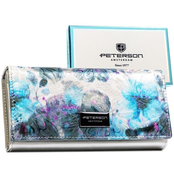 Wielokolorowy portfel damski w orientacji poziomej zamykany na zatrzask PTN PX22-1-NPK Peterson. Niebieskie portfele bez wzorów, ze skóry. Za 119.99 zł.