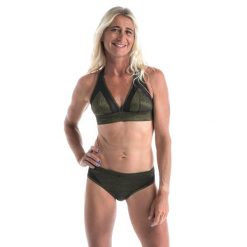 Góra kostiumu kąpielowego surfingowego damska Olaian Isa. Czarne bikini OLAIAN, w ażurowe wzory, sportowe. W wyprzedaży za 59.99 zł.