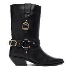 Kowbojki Badura. Czarne botki Badura, bez wzorów, bez obcasa, na słupku, bez zapięcia. Za 359.99 zł.