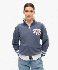 Bluza sportowa z pół-zipem. Niebieskie bluzy bez kaptura Superdry, l, bez wzorów, z bawełny, bez kaptura, na fitness i siłownię. Za 257.35 zł.