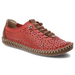 Półbuty damskie Rieker, cholewka ze skóry naturalnej licowej z ażurową perforacją fason na płaskiej podeszwie, czerwone, M2856-33. Czerwone półbuty wsuwane Rieker, w ażurowe wzory, ze skóry, bez obcasa, na płaskiej podeszwie. Za 329.00 zł.