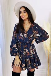 Wzorzysta Mini Sukienka z Falbankami - Kwiaty. Niebieskie sukienki Ivon, s, bez wzorów, z materiału, wizytowe, bez kołnierzyka, bez ramiączek, mini. Za 189.90 zł.