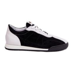 Skórzane Buty Sportowe Damskie Laura Messi 2935 Czarne. Czarne buty treningowe bez wzorów, ze skóry, przed kostkę, bez zapięcia. Za 489.87 zł.