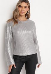 Srebrny Połyskujący Sweter Zerinna. Szare swetry Born2be, m, bez wzorów, z dzianiny, bez ramiączek. W wyprzedaży za 118.99 zł.