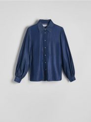 Jeansowa koszula z lyocellu - granatowy. Niebieskie koszule Reserved, l, bez wzorów, z jeansu, bez kołnierzyka, bez ramiączek. W wyprzedaży za 59.99 zł.