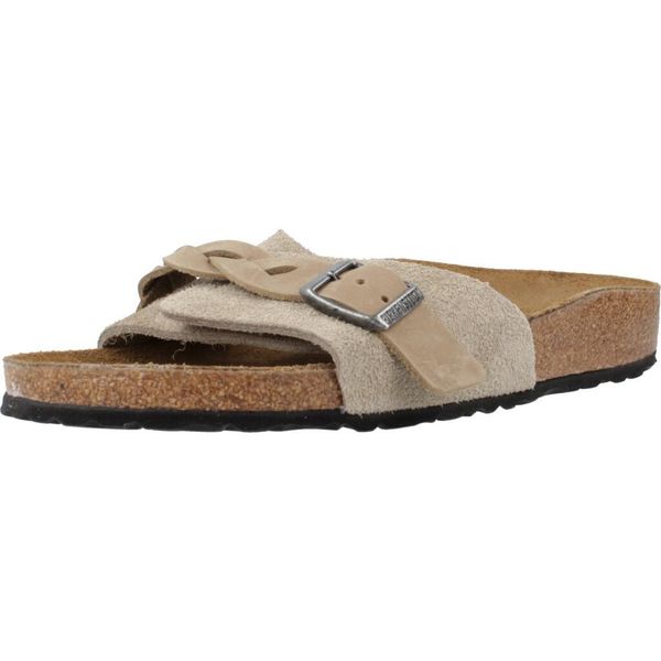 Klapki damskie Birkenstock Oita Braided Taupe Suede Calz S. Brązowe klapki Birkenstock, bez wzorów, z materiału, sportowe, bez obcasa, bez zapięcia. Za 809.00 zł.