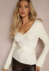 Beżowy Prążkowany Sweter z Wiskozą Ozdobiony Kwiatową Aplikacją i Paskiem Clevina. Brązowe swetry Renee, m, z aplikacjami, prążkowane, biznesowe, bez ramiączek. W wyprzedaży za 87.99 zł.