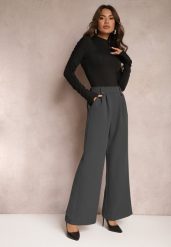 Ciemnoszare Eleganckie Spodnie Dzwony z Ozdobnymi Patkami w Pasie Nattas. Szare jeansy Renee, l, bez wzorów, z jeansu, eleganckie, z podwyższonym stanem. W wyprzedaży za 56.99 zł.