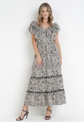 Czarna Rozkloszowana Sukienka Maxi z Ozdobnym Dekoltem i Gumką w Talii z Wiskozy Adyni. Czarne sukienki Born2be, na imprezę, m, bez wzorów, z wiskozy, bez kołnierzyka, bez ramiączek, maxi, rozkloszowane. Za 119.99 zł.