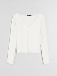 Bluzka z długim rękawem i koronką przy dekolcie - kremowy. Białe bluzki Sinsay, l, bez wzorów, z koronki, bez kołnierzyka, bez ramiączek. Za 25.99 zł.