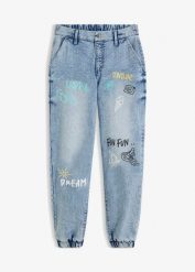 Dżinsy barrel, średni stan, wygodna talia. Niebieskie jeansy bonprix, na lato, bez wzorów, z jeansu. Za 169.99 zł.