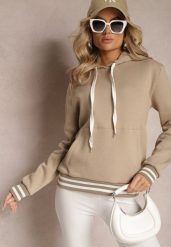 Beżowa Bluza Kangurka z Bawełny ze Ściągaczami w Paski i Kapturem Gaiana. Brązowe bluzy Renee, bez wzorów, z bawełny, casualowe, bez ramiączek, z kapturem. W wyprzedaży za 87.99 zł.
