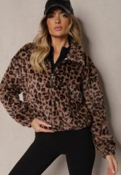 Ciemnobeżowa Futerkowa Kurtka w Panterkowy Print o Klasycznym Kroju ze Stójką i Kieszeniami Belabine. Brązowe kurtki Renee, l, bez wzorów, z jeansu, eleganckie, bez kaptura. W wyprzedaży za 45.49 zł.