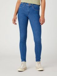 Wrangler Dżinsy "Eye Love You" - Skinny fit - w kolorze niebieskim rozmiar: W28/L32. Niebieskie jeansy Wrangler, l, z aplikacjami, z bawełny, klasyczne, z podwyższonym stanem. Za 127.95 zł.
