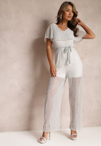 Szary Kombinezon z Szerokimi Nogawkami i Ozdobną Narzutką Phedia. Szare sukienki Renee, m, bez wzorów, z materiału, wizytowe, bez kołnierzyka, bez ramiączek. Za 189.99 zł.