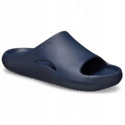 Klapki Dla Dorosłych Crocs Mellow Recovery Slide. Niebieskie klapki Crocs, bez wzorów, z materiału, bez obcasa, bez zapięcia. Za 199.99 zł.