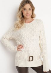 Beżowy Sweter z Ozdobnym Splotem z Paskiem i Klamrą Riean. Brązowe swetry Born2be, m, bez wzorów, z jeansu, klasyczne, bez ramiączek. W wyprzedaży za 93.49 zł.
