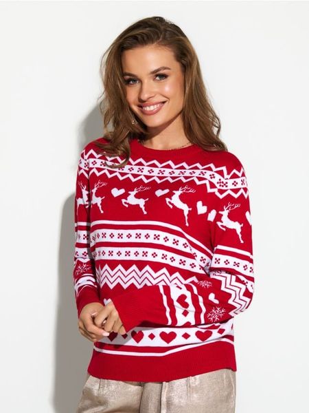 Świąteczny sweter z reniferami - czerwony. Czerwone swetry Sinsay, l, bez wzorów, wizytowe, bez ramiączek. W wyprzedaży za 24.99 zł.