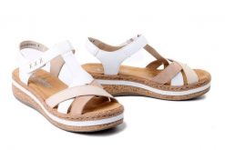 RIEKER V0919-80 white combination, sandały damskie. Białe sandały Rieker, bez wzorów, bez obcasa, bez zapięcia. Za 278.72 zł.