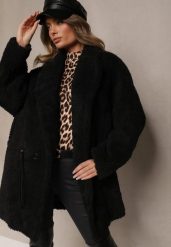 Czarna Kurtka Futerko w Stylu Teddy Ściągane w Talii Enarithiel. Czarne kurtki Renee, l, bez wzorów, z futra, biznesowe, bez kaptura. W wyprzedaży za 209.99 zł.