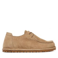 Półbuty Birkenstock. Brązowe półbuty wsuwane Birkenstock, bez wzorów, bez obcasa, na płaskiej podeszwie. Za 719.99 zł.