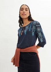 Tunika z rękawami 3/4. Niebieskie tuniki bonprix, bez wzorów, bez kołnierzyka, bez ramiączek. Za 79.99 zł.
