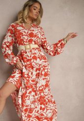 Czerwona Pudełkowa Sukienka z Wiskozy w Kwiatowy Print Ridielia. Czerwone sukienki Renee, na co dzień, l, bez wzorów, z wiskozy, eleganckie, bez kołnierzyka, bez ramiączek, maxi, kopertowe. W wyprzedaży za 63.99 zł.