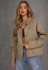 Ciemnobeżowa Jeansowa Kurtka z Bawełny Perilopei. Brązowe kurtki Renee, l, bez wzorów, z bawełny, bez kaptura. Za 149.99 zł.