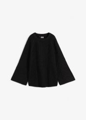 Sweter oversize w warkocze. Czarne swetry bonprix, bez wzorów, bez ramiączek. Za 129.99 zł.