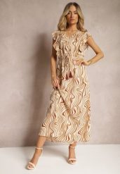 Beżowa Rozkloszowana Sukienka z Guzikami i Gumką w Talii Mottella. Brązowe sukienki Renee, na co dzień, l, bez wzorów, eleganckie, bez kołnierzyka, bez ramiączek, maxi, dopasowane. W wyprzedaży za 83.99 zł.