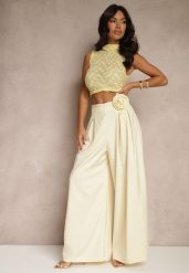 Żółte Spodnie o Szerokim Kroju High Waist z Kwiatem 3D Firalisse. Żółte jeansy Renee, l, z aplikacjami, z jeansu, eleganckie, z podwyższonym stanem. W wyprzedaży za 91.99 zł.