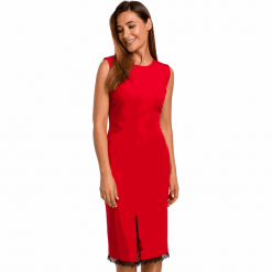 Elegancka sukienka ołówkowa midi rozcięcie na dole i koronka czerwona. Czerwone sukienki Sukienki.shop, do pracy, l, bez wzorów, z elastanu, biznesowe, bez kołnierzyka, bez ramiączek, midi, ołówkowe. Za 249.00 zł.