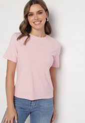 Różowy Wiskozowy T-shirt w Klasycznym Stylu Arivoria. Czerwone t-shirty Born2be, m, z aplikacjami, z jeansu, klasyczne, bez kołnierzyka, bez ramiączek. W wyprzedaży za 42.49 zł.